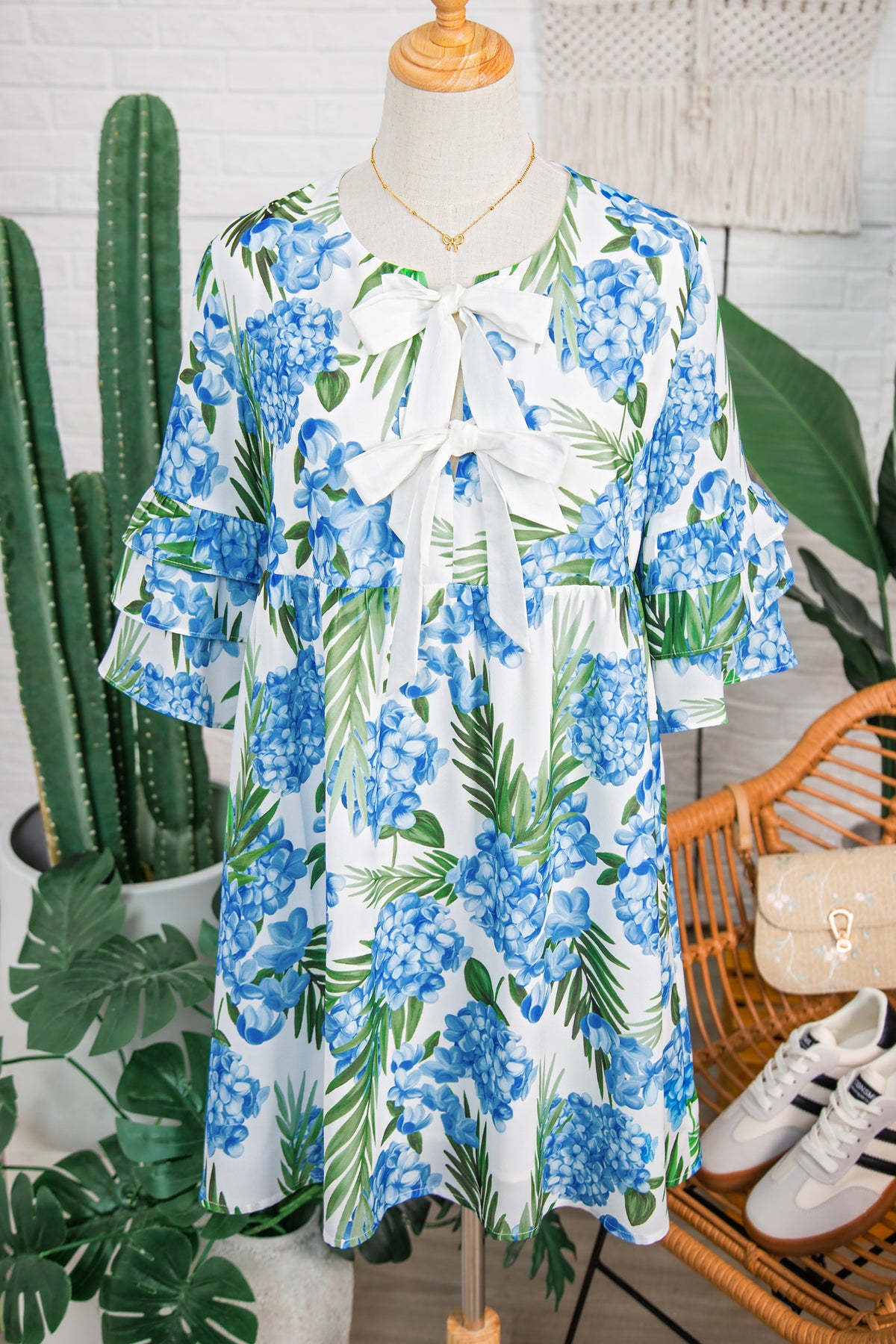 KaleaBoutique Comfortable Palm Floral Print Contrast Ribbon Knot Ruffle Tiered Sleeve Mini Dress - KaleaBoutique.com