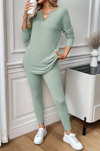 KaleaBoutique Comfortable Ribbed Notched Neck Knit Long Sleeve Leggings Two Pieces Lounge Set - KaleaBoutique.com