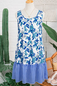 KaleaBoutique Stylish Floral Print U Neck Sleeveless Striped Ruffle Hem Patchwork Dress - KaleaBoutique.com