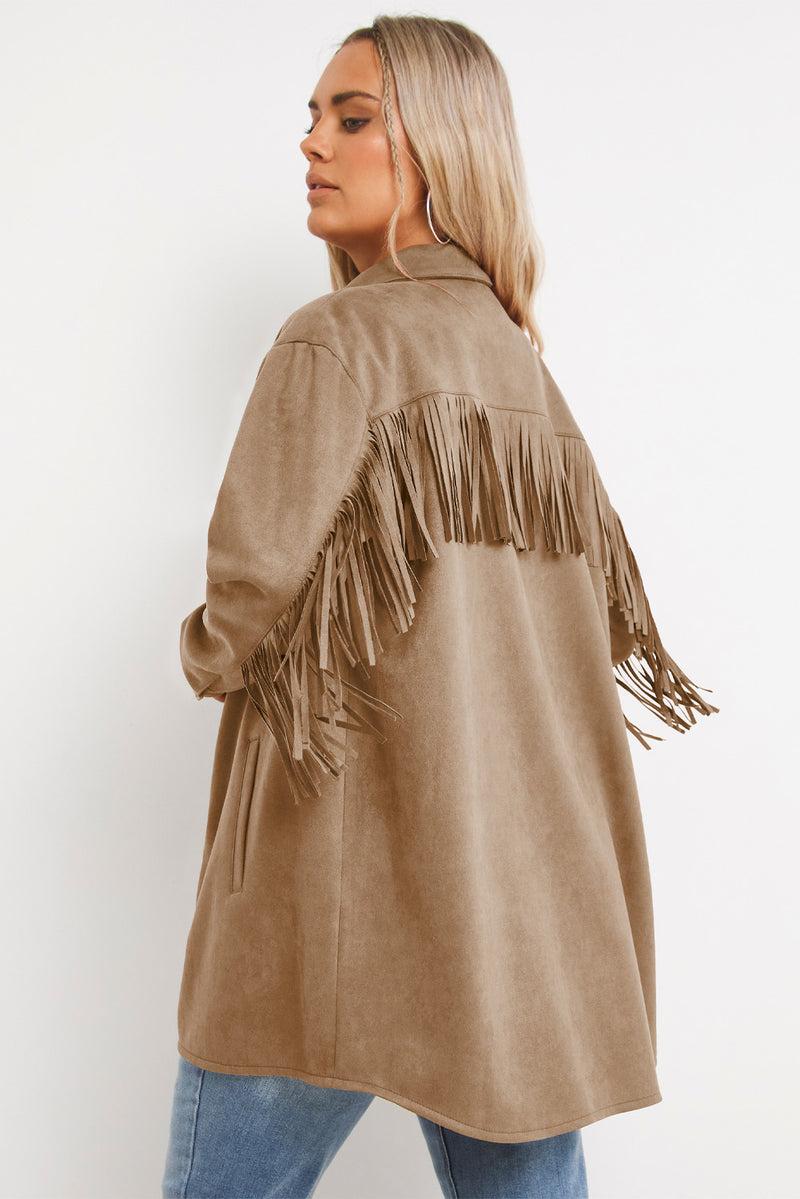 KaleaBoutique Fringe Trim Plus Size Suede Shacket - KaleaBoutique.com