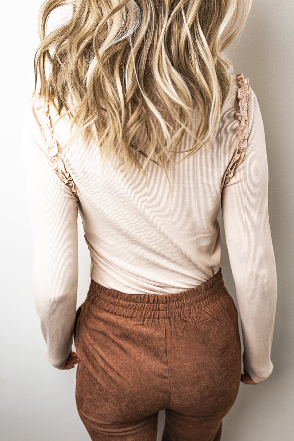 KaleaBoutique Stylish Solid Color Round Neck Frill Detail Long Sleeve Top - KaleaBoutique.com