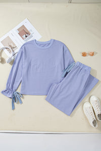 KaleaBoutique Comfortable Flounce Long Sleeve Top Drawstring Pants Contrast Velvet Bow Knot 2pcs Lounge Set - KaleaBoutique.com