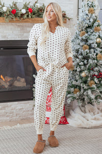 KaleaBoutique Comfortable Polka Dot Print Notched Neck Long Sleeve Top Drawstring Jogger Pants Waffle Knit Lounge Set - KaleaBoutique.com