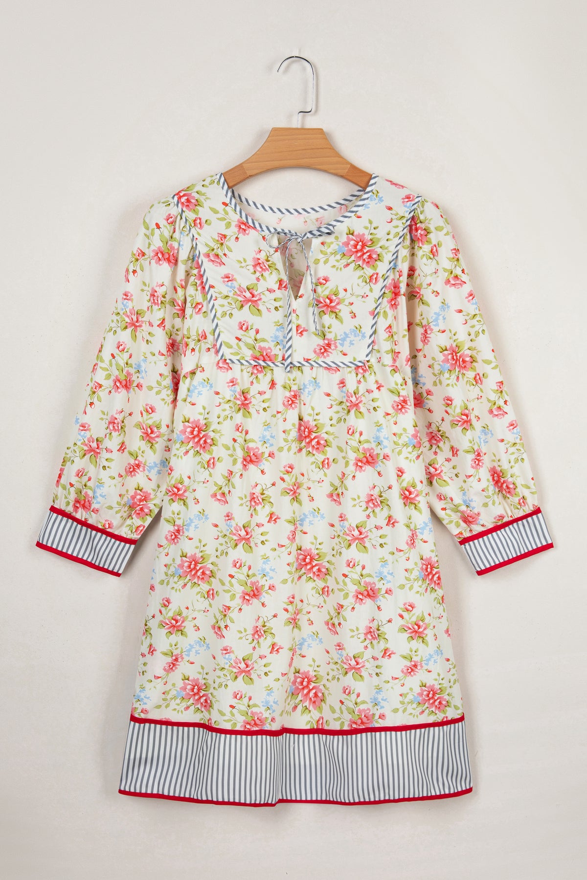 KaleaBoutique Stylish Striped Edge 3/4 Puff Sleeve Floral Dress - KaleaBoutique.com