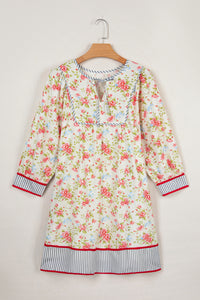 KaleaBoutique Stylish Striped Edge 3/4 Puff Sleeve Floral Dress - KaleaBoutique.com