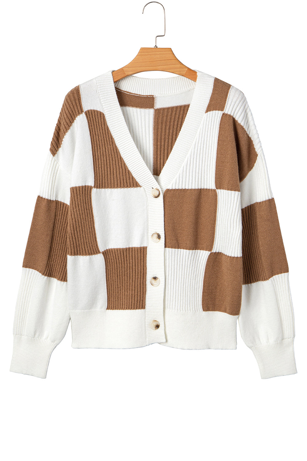 KaleaBoutique Stylish Checkered Pattern Ribbed Detail Button V Neck Sweater Cardigan - KaleaBoutique.com