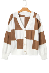 KaleaBoutique Stylish Checkered Pattern Ribbed Detail Button V Neck Sweater Cardigan - KaleaBoutique.com