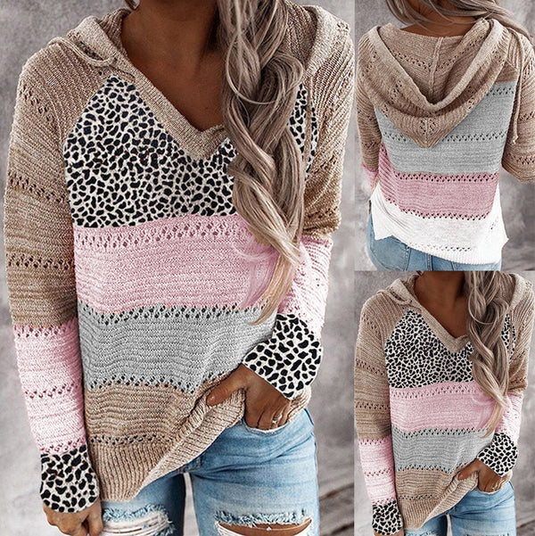 Women's Striped Loose V-neck Hooded Long-sleeve Sweater - KaleaBoutique.com