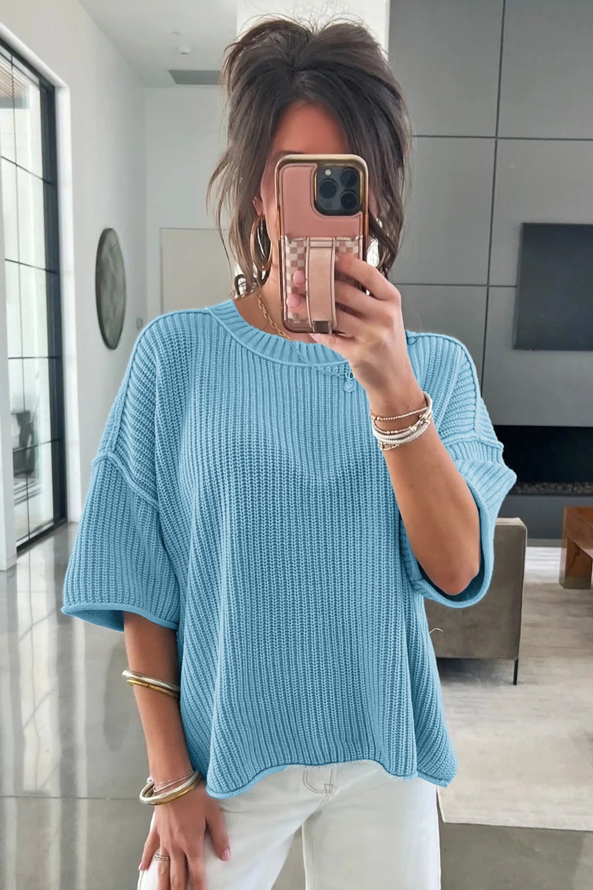 KaleaBoutique Comfortable Exposed Seam Detail Half Sleeve Loose Sweater - KaleaBoutique.com