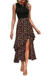 KaleaBoutique Floral Patchwork Asymmetric Ruffle Skirt Solid Tank Bodice Cocktail Dress - KaleaBoutique.com