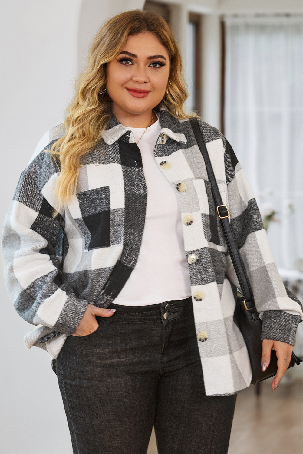 Plus Size Checkered Button-Up Shacket - KaleaBoutique.com