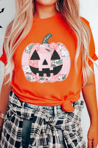 Orange Patchwork Pumpkin Halloween Graphic Tee - KaleaBoutique.com