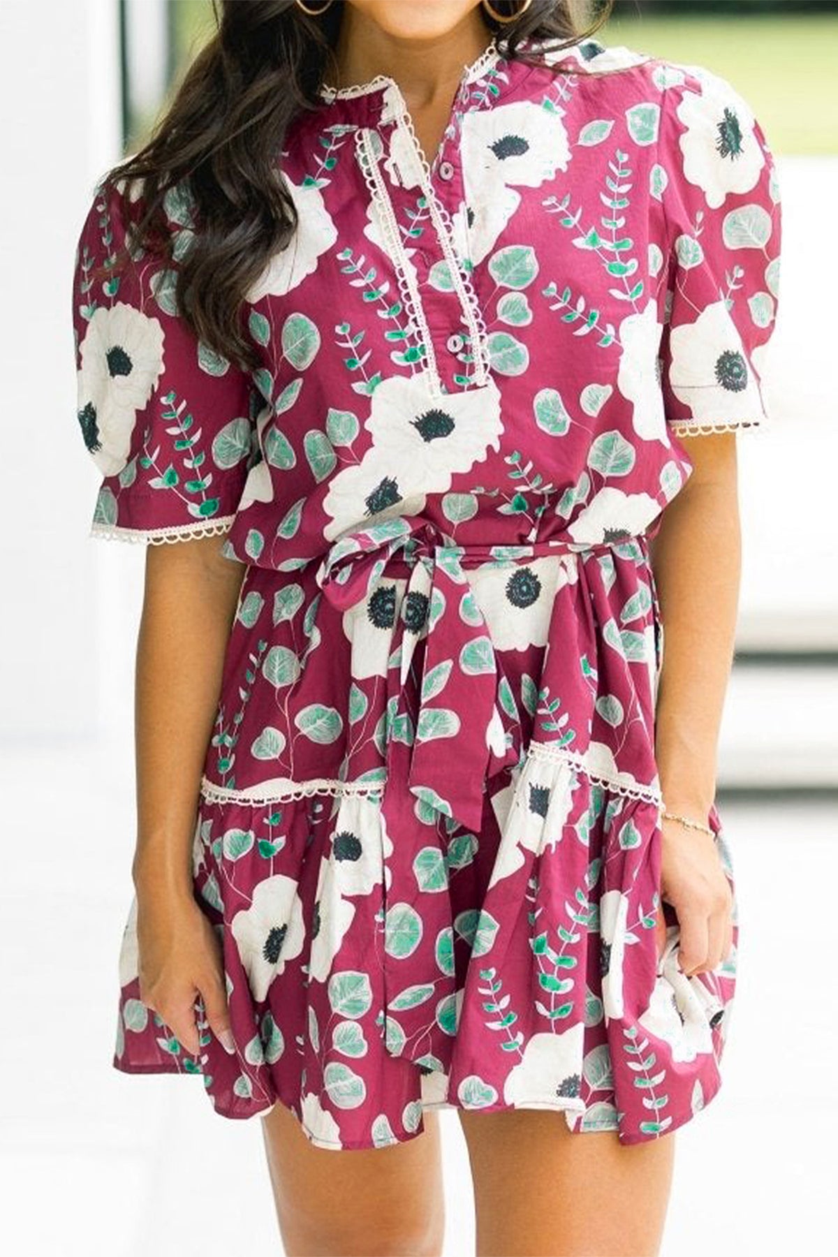 KaleaBoutique Stylish Floral Print Trimmed Short Puff Sleeve Mini Dress with Belt - KaleaBoutique.com