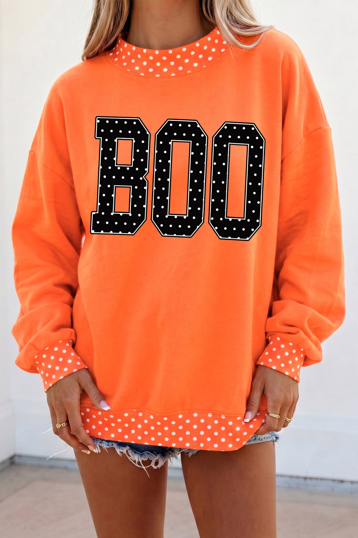 Orange BOO Polka Dot Trim Oversized Halloween Sweatshirt - KaleaBoutique.com