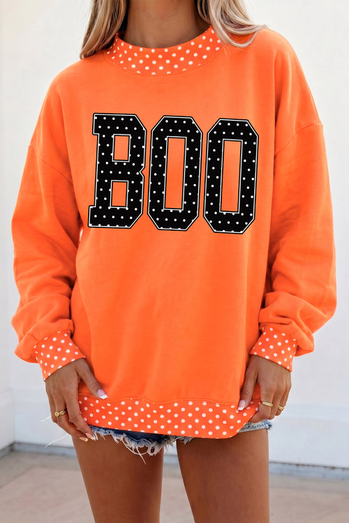 Orange BOO Polka Dot Trim Oversized Halloween Sweatshirt - KaleaBoutique.com