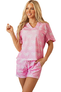 KaleaBoutique Stylish Waffle Knit Bowknot Printed V Neck T Shirt and Shorts Set