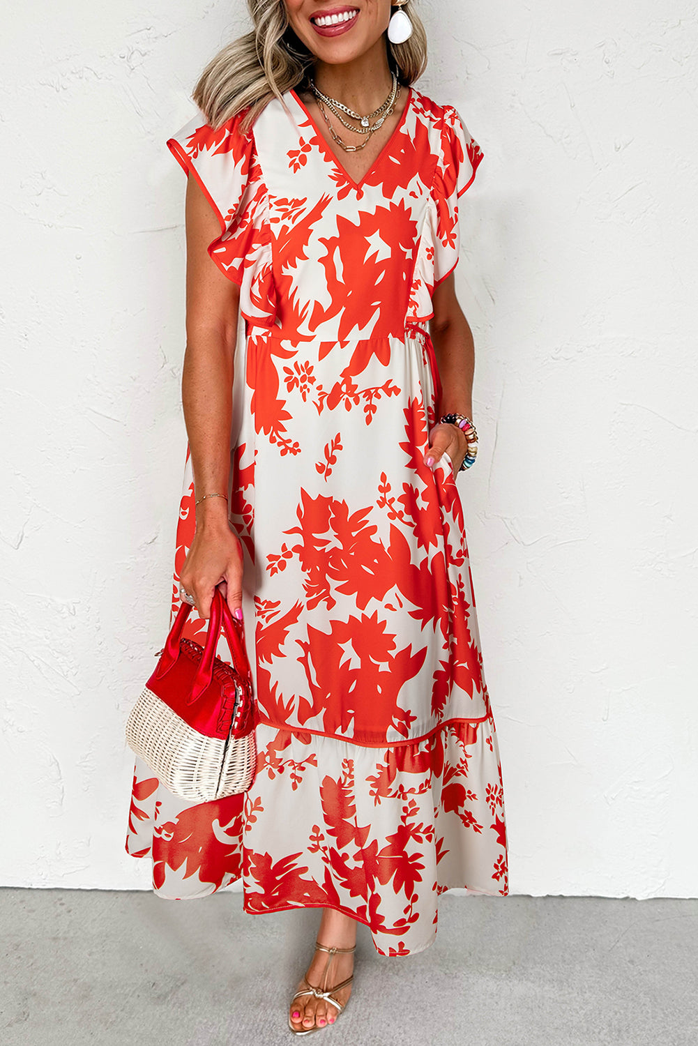 KaleaBoutique Stylish Floral Print Trimmed V Neck Ruffle Sleeve Long Dress - KaleaBoutique.com
