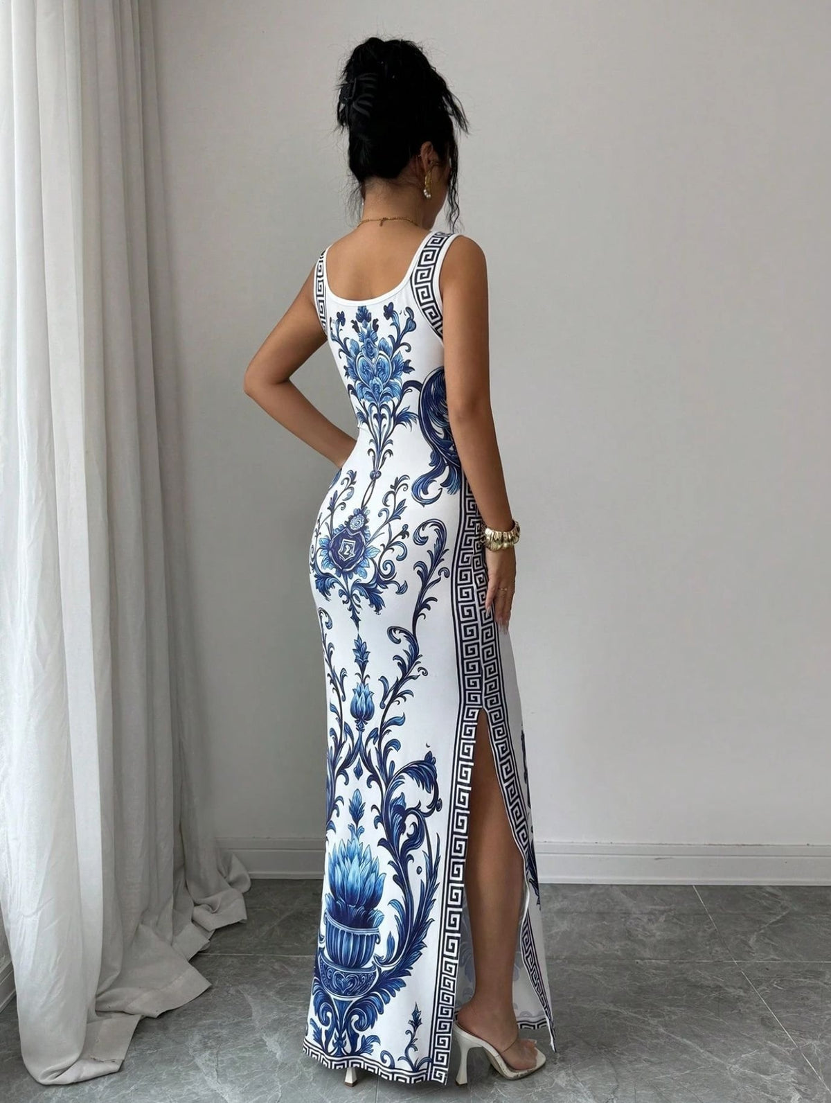 Women's Porcelain-Print Scoop-Neck Side-Slit Maxi Dress - KaleaBoutique.com
