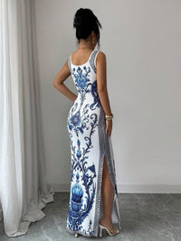 Women's Porcelain-Print Scoop-Neck Side-Slit Maxi Dress - KaleaBoutique.com