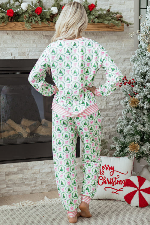 KaleaBoutique Comfortable Bow Christmas Tree Print Contrast Striped Banding 2pcs Lounge Set - KaleaBoutique.com