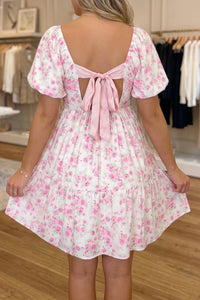 KaleaBoutique Stylish Floral Print Square Neck Ribbon Knot Back Cute Mini Dress - KaleaBoutique.com