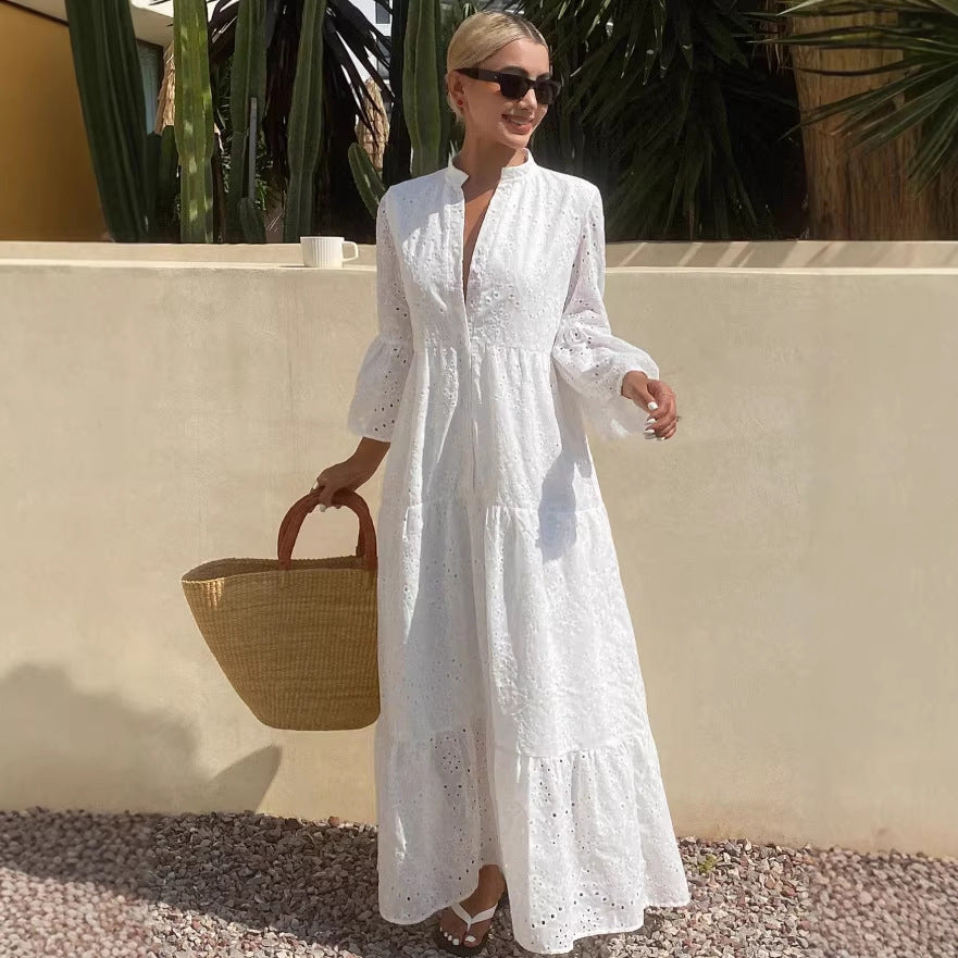Women's Split-Neck Eyelet Flared-Sleeve Tiered Maxi Dress - KaleaBoutique.com