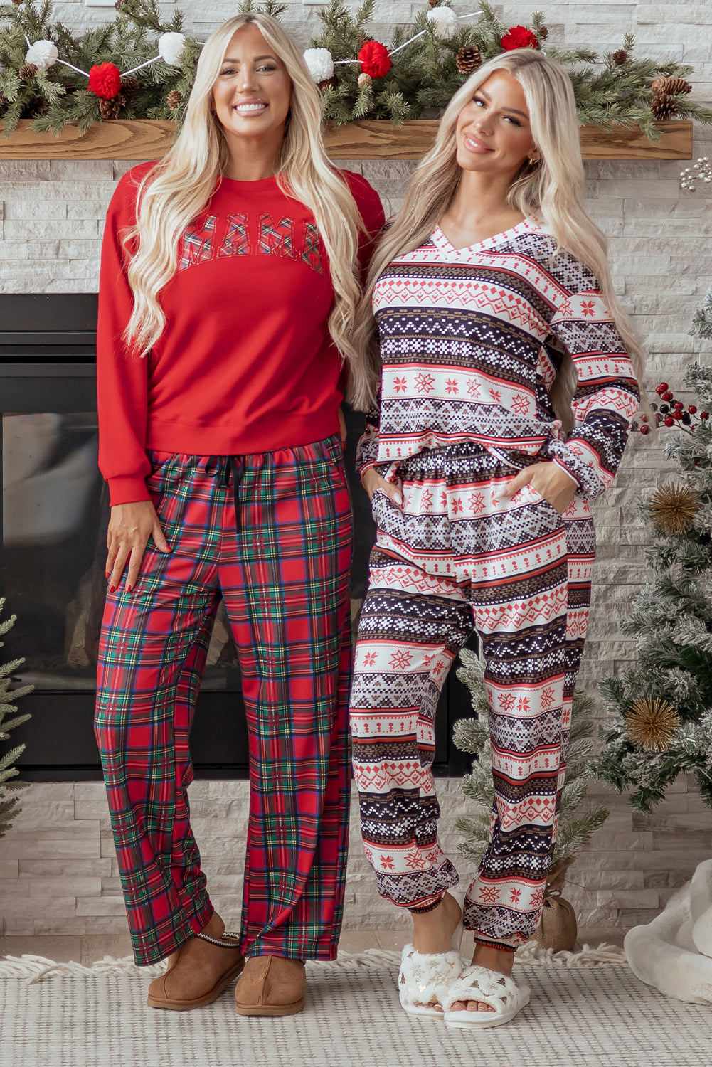 KaleaBoutique Comfortable Plaid Mama Graphic Christmas Holiday Crewneck Pullover and Pants Two Piece Lounge Set - KaleaBoutique.com