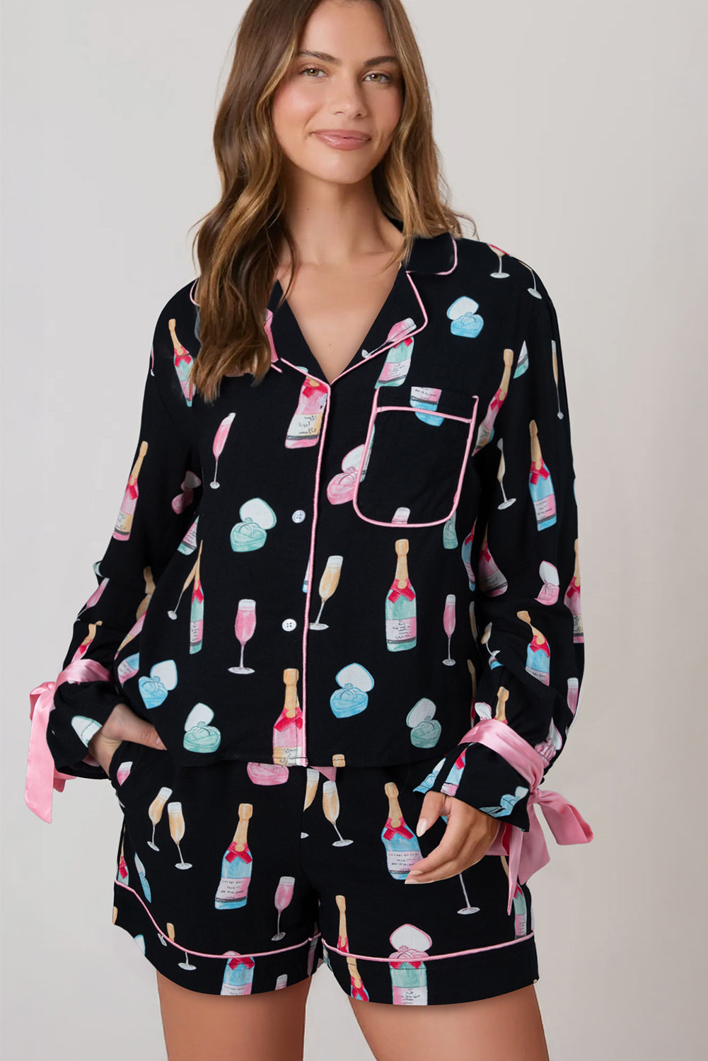 KaleaBoutique Stylish Christmas Wine Glass Print Bow Knot Two Piece Pajama Set - KaleaBoutique.com