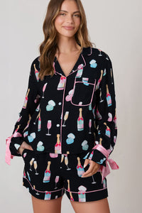 KaleaBoutique Stylish Christmas Wine Glass Print Bow Knot Two Piece Pajama Set - KaleaBoutique.com
