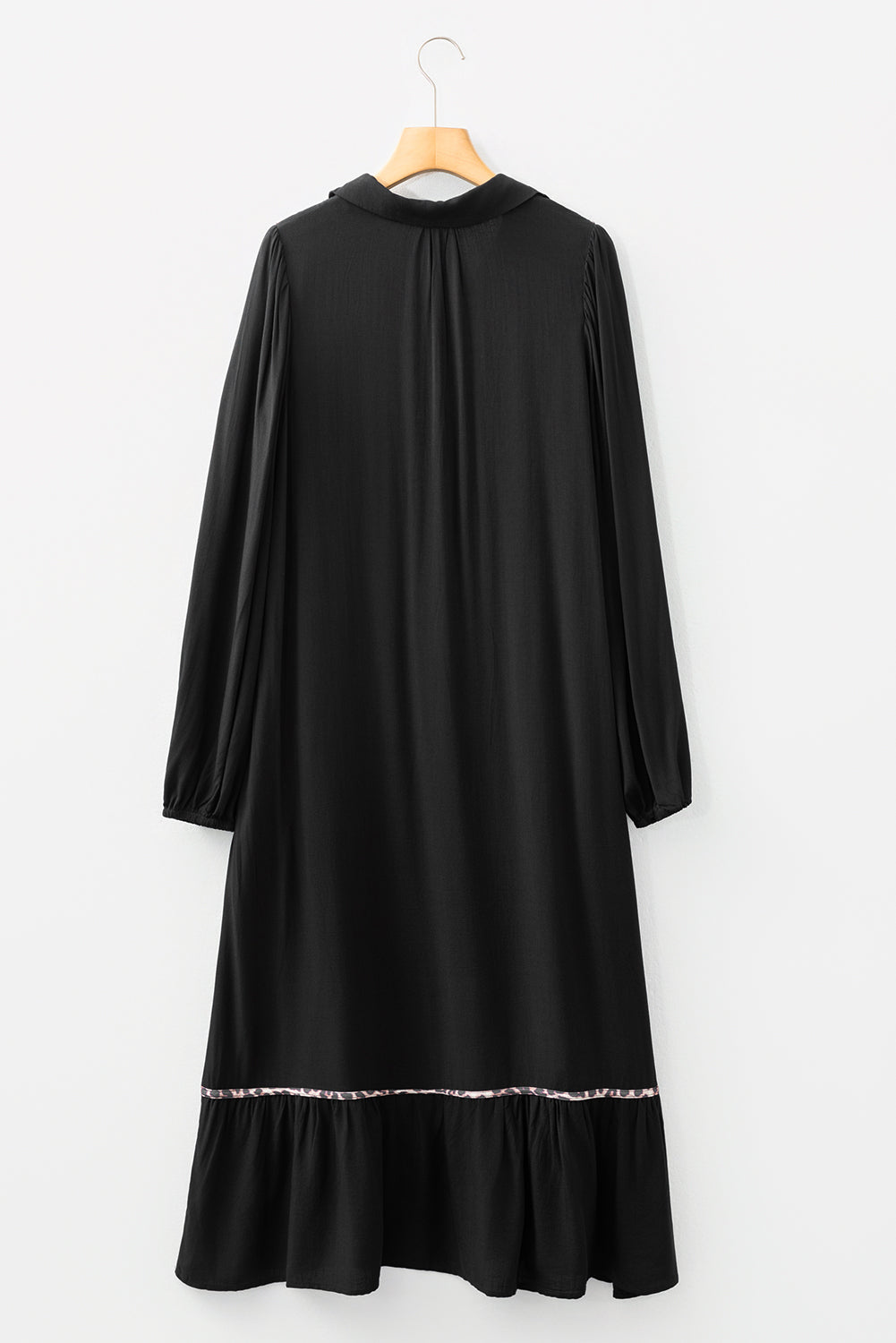 Collared V Neck Smocked Detail Contrast Leopard Trim Bracelet Sleeve Long Dress - KaleaBoutique.com