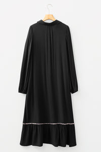 Collared V Neck Smocked Detail Contrast Leopard Trim Bracelet Sleeve Long Dress - KaleaBoutique.com
