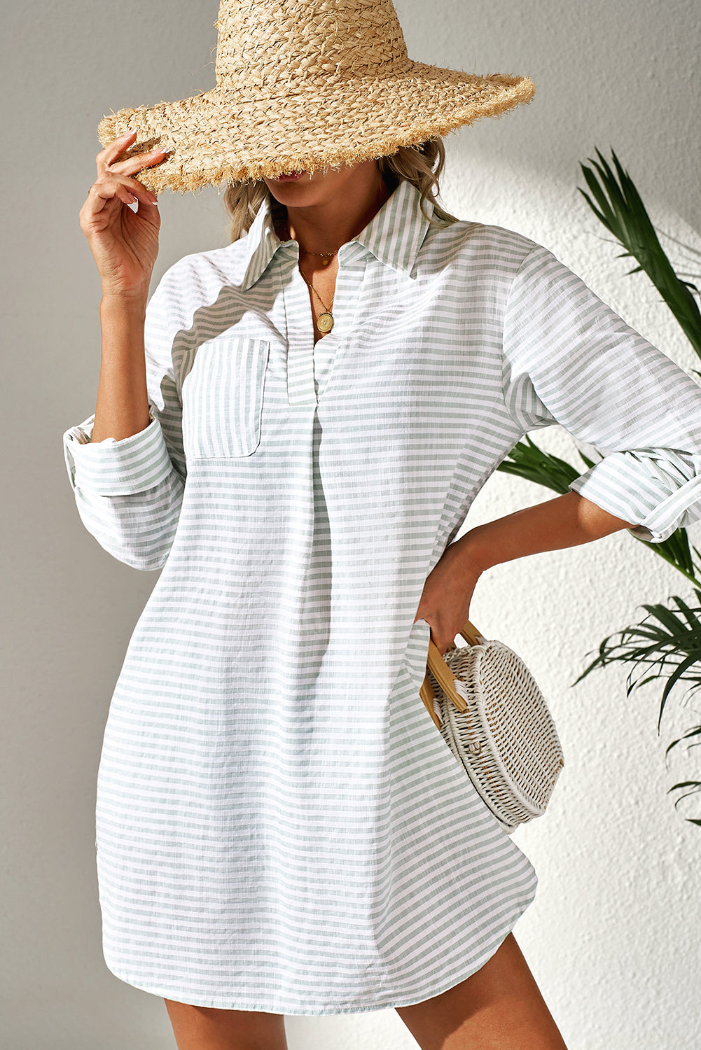 Collared V Neck Chest Pocket Long Sleeve Beach Cover up - KaleaBoutique.com