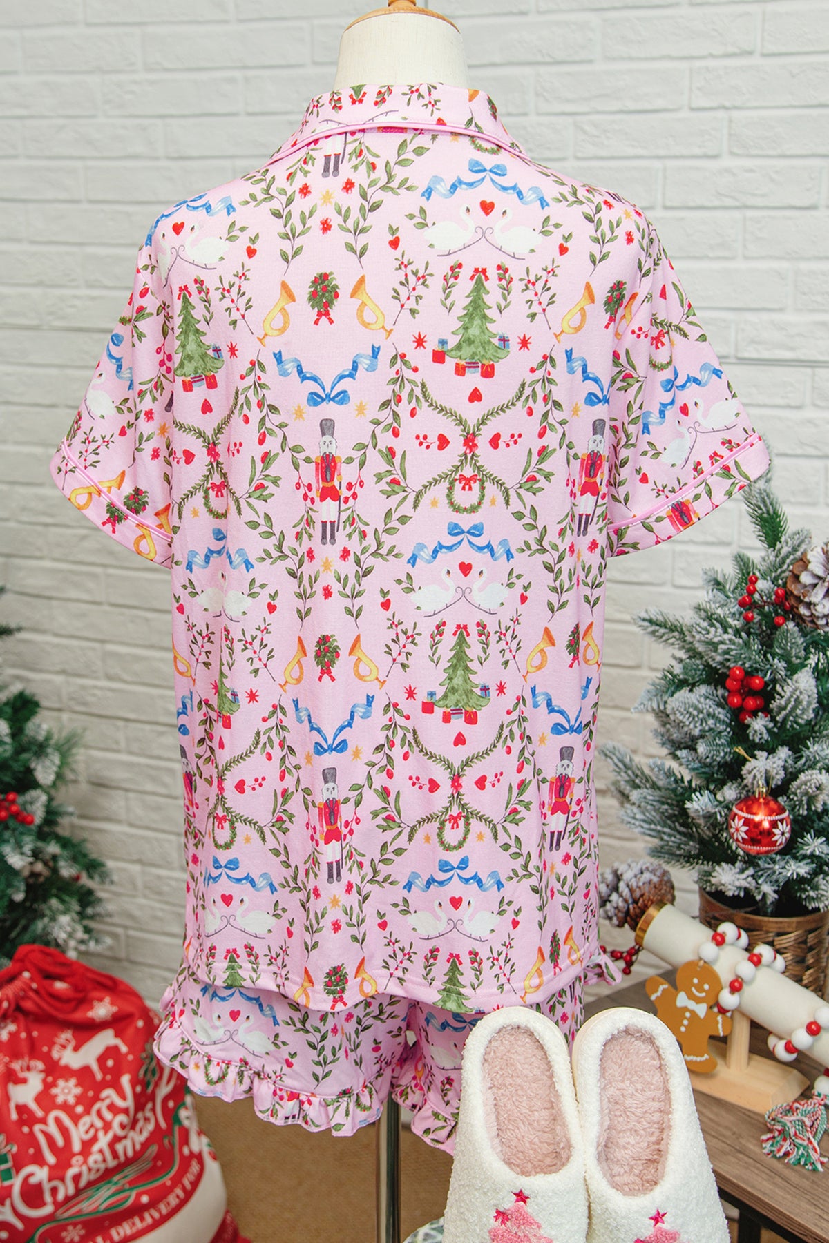 KaleaBoutique Comfortable Nutcracker Doll Christmas Print Ribbon Tie Waist Short 2pcs Pajama Set - KaleaBoutique.com