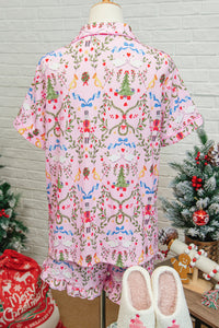 KaleaBoutique Comfortable Nutcracker Doll Christmas Print Ribbon Tie Waist Short 2pcs Pajama Set - KaleaBoutique.com