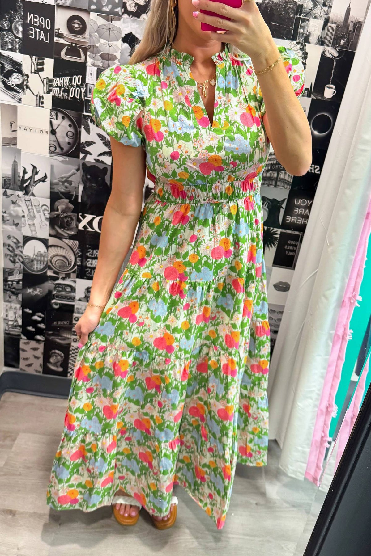 KaleaBoutique Comfortable Floral Print V Neck Short Puff Sleeve Cotton Maxi Dress - KaleaBoutique.com