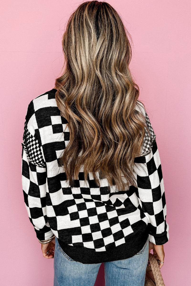 KaleaBoutique Checkered Print Drop Shoulder Round Neck Sweater - KaleaBoutique.com