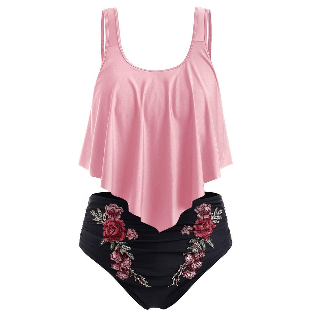 Women's Flounce Top and Floral High-Waisted 2 PC Bikini Set - KaleaBoutique.com