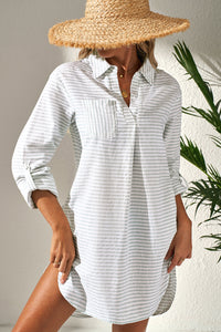Collared V Neck Chest Pocket Long Sleeve Beach Cover up - KaleaBoutique.com
