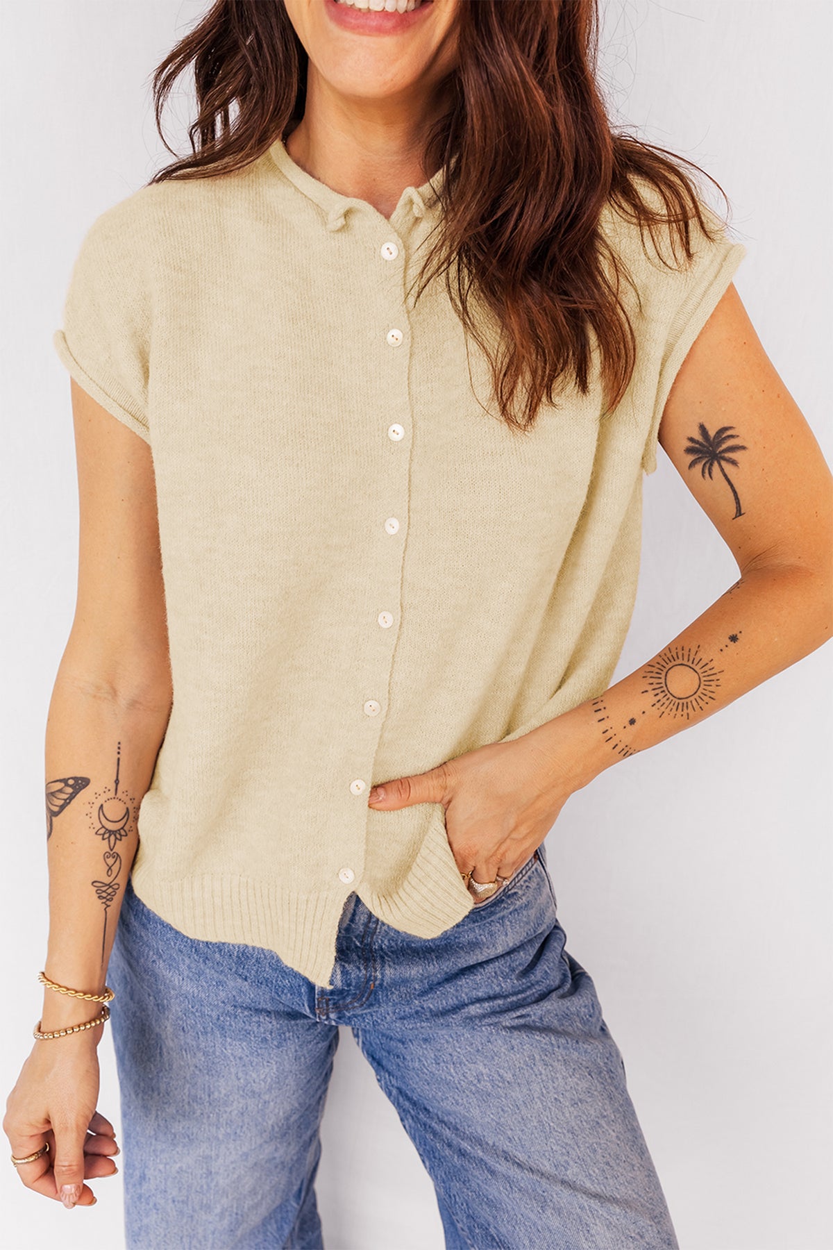 KaleaBoutique Stylish Buttoned Front Rolled Hem Cap Sleeve Sweater Top - KaleaBoutique.com