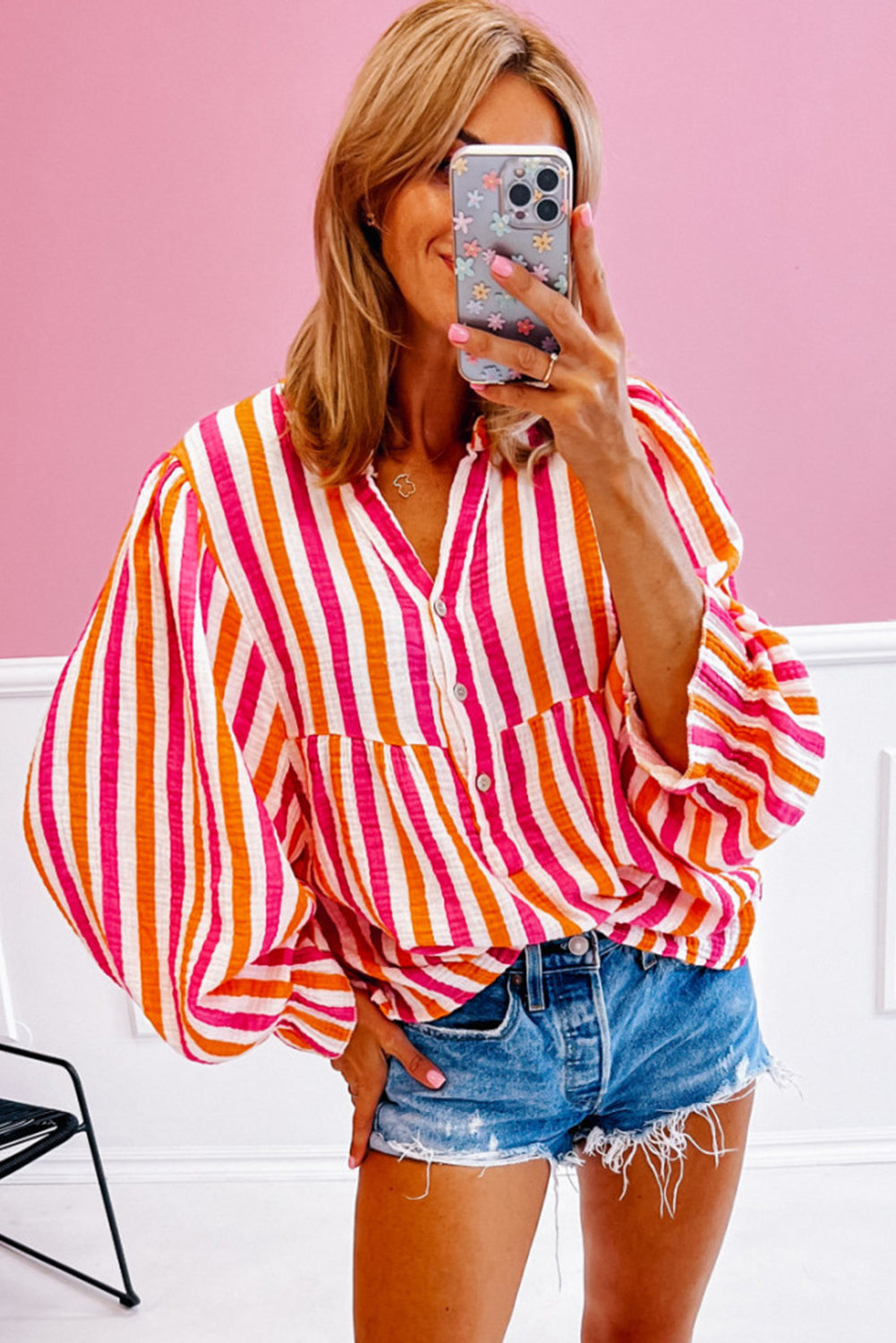 KaleaBoutique Stylish Balloon Sleeve Notched V Neck Buttoned Front Blouse - KaleaBoutique.com
