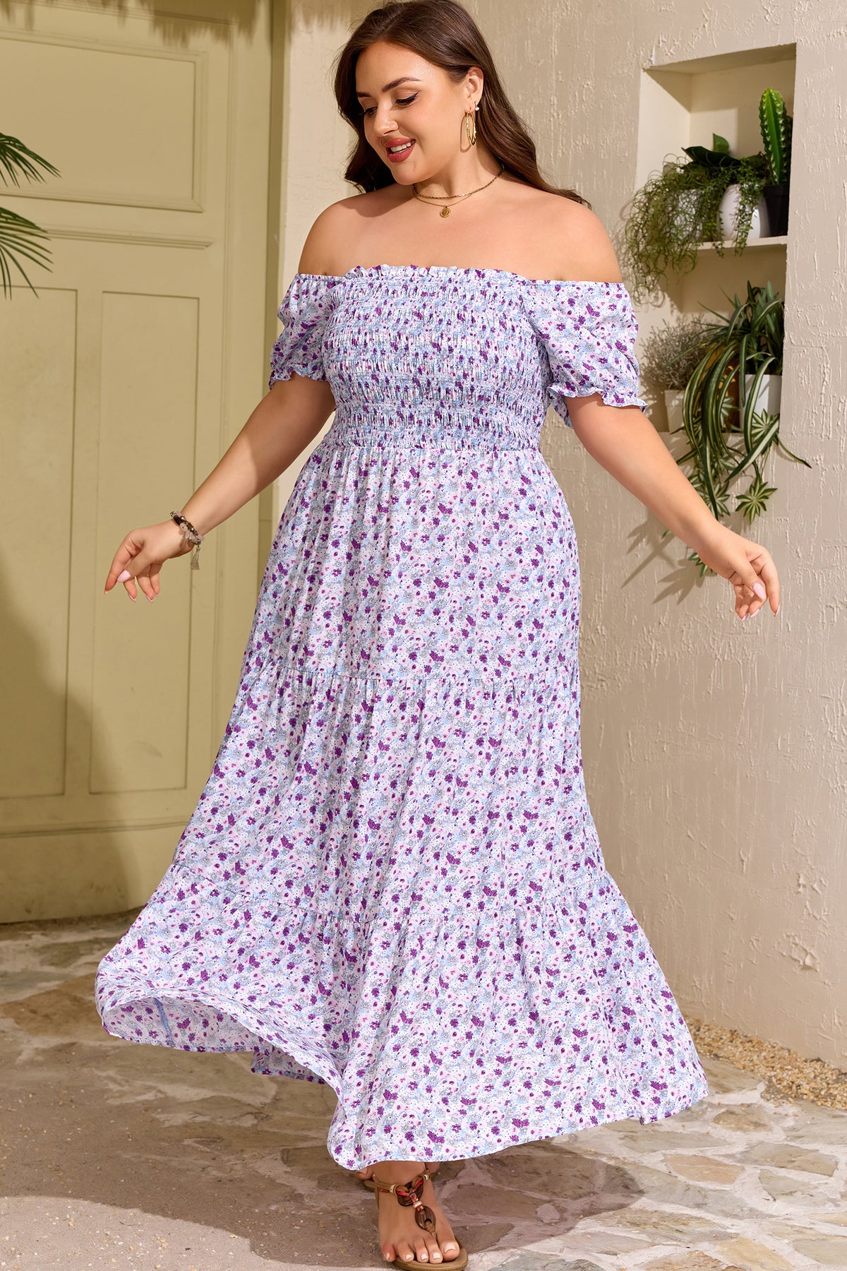 Purple Plus Size Floral Square-Neck Smocked Maxi Dress - KaleaBoutique.com