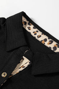 KaleaBoutique Stylish Contrast Leopard Print Patchwork Polo Collar Buttons Front Ruffled Long Sleeve Blouse - KaleaBoutique.com