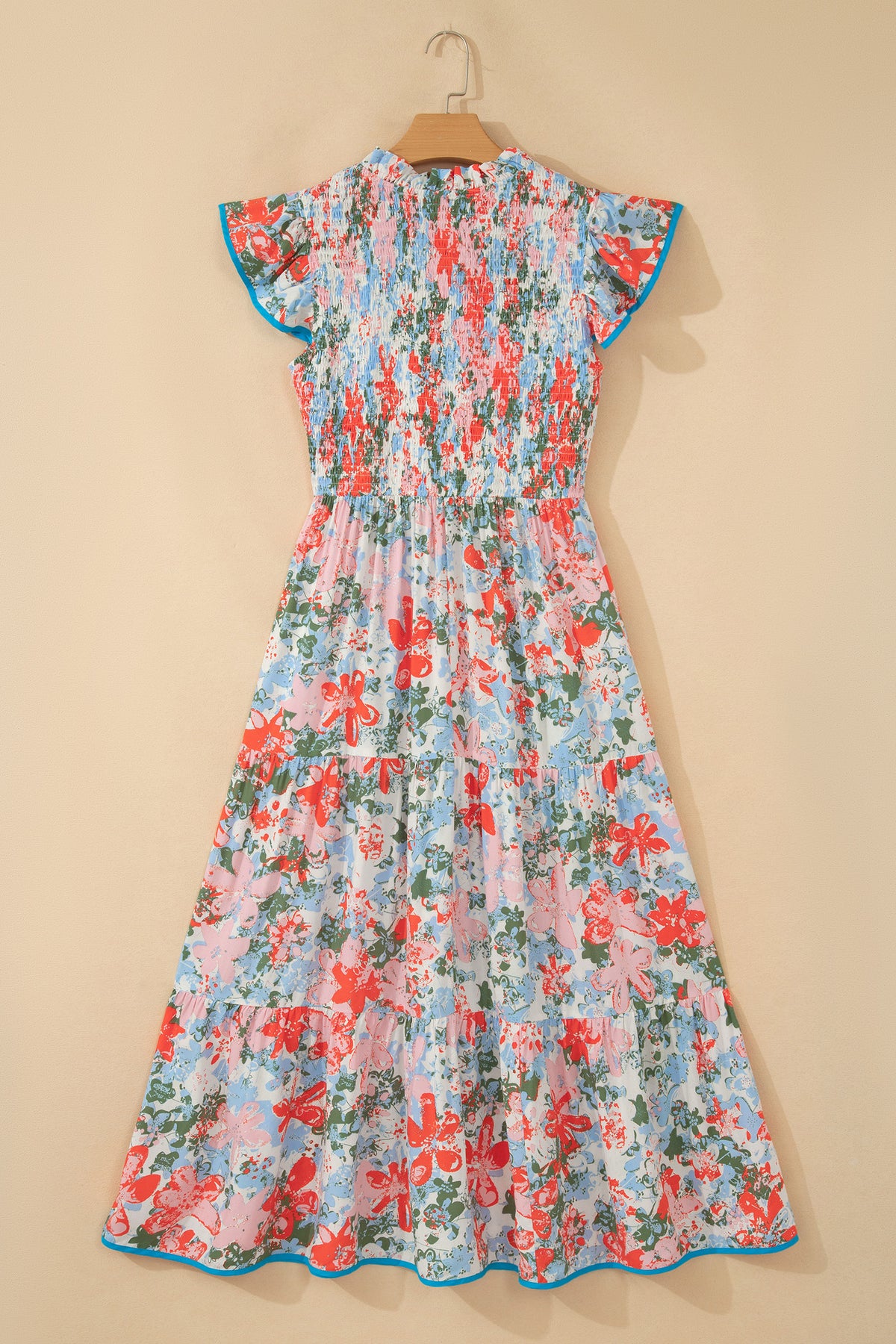 KaleaBoutique Comfortable Floral Print V Neck Contrast Trim Flutter Sleeve Long Dress - KaleaBoutique.com