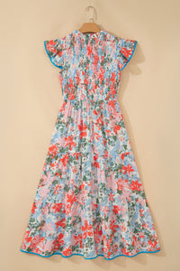 KaleaBoutique Comfortable Floral Print V Neck Contrast Trim Flutter Sleeve Long Dress - KaleaBoutique.com