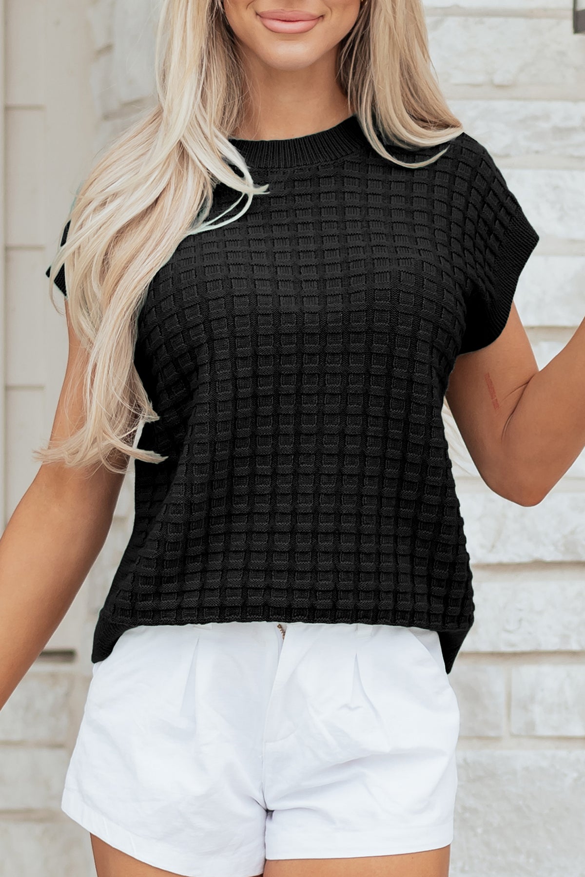 KaleaBoutique Comfortable Solid Color Round Neck Textured Short Sleeve Sweater - KaleaBoutique.com