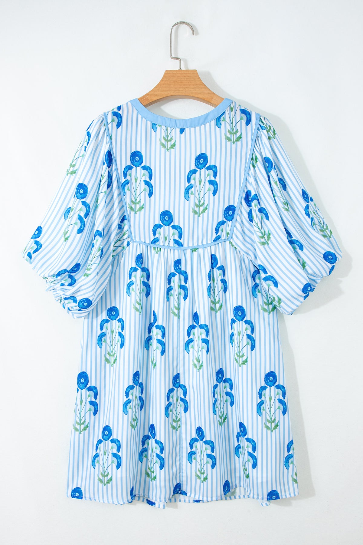 KaleaBoutique Comfortable Floral Striped Print Tie Notched Neck Puff Sleeve Flared Mini Dress - KaleaBoutique.com