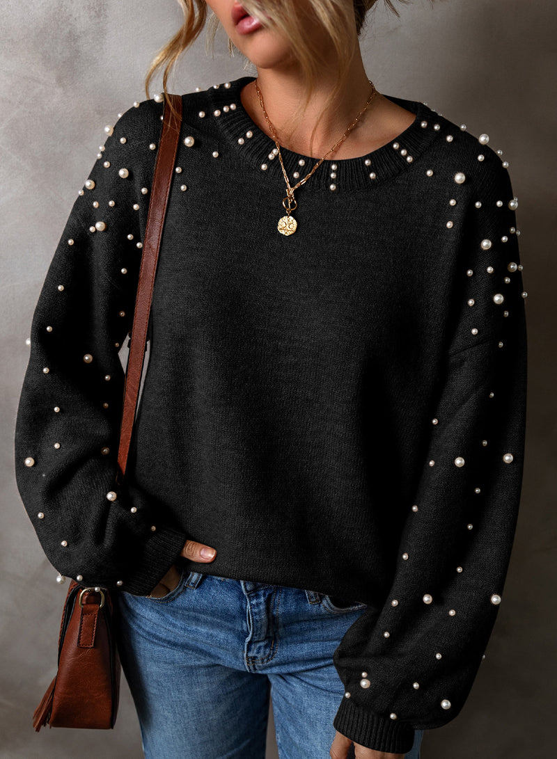 KaleaBoutique Pearled Drop Shoulder Round Neck Sweater - KaleaBoutique.com