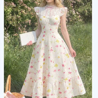 Women's Lace-Yoke Flutter-Sleeve Ruffle-Hem Midi Dress - KaleaBoutique.com