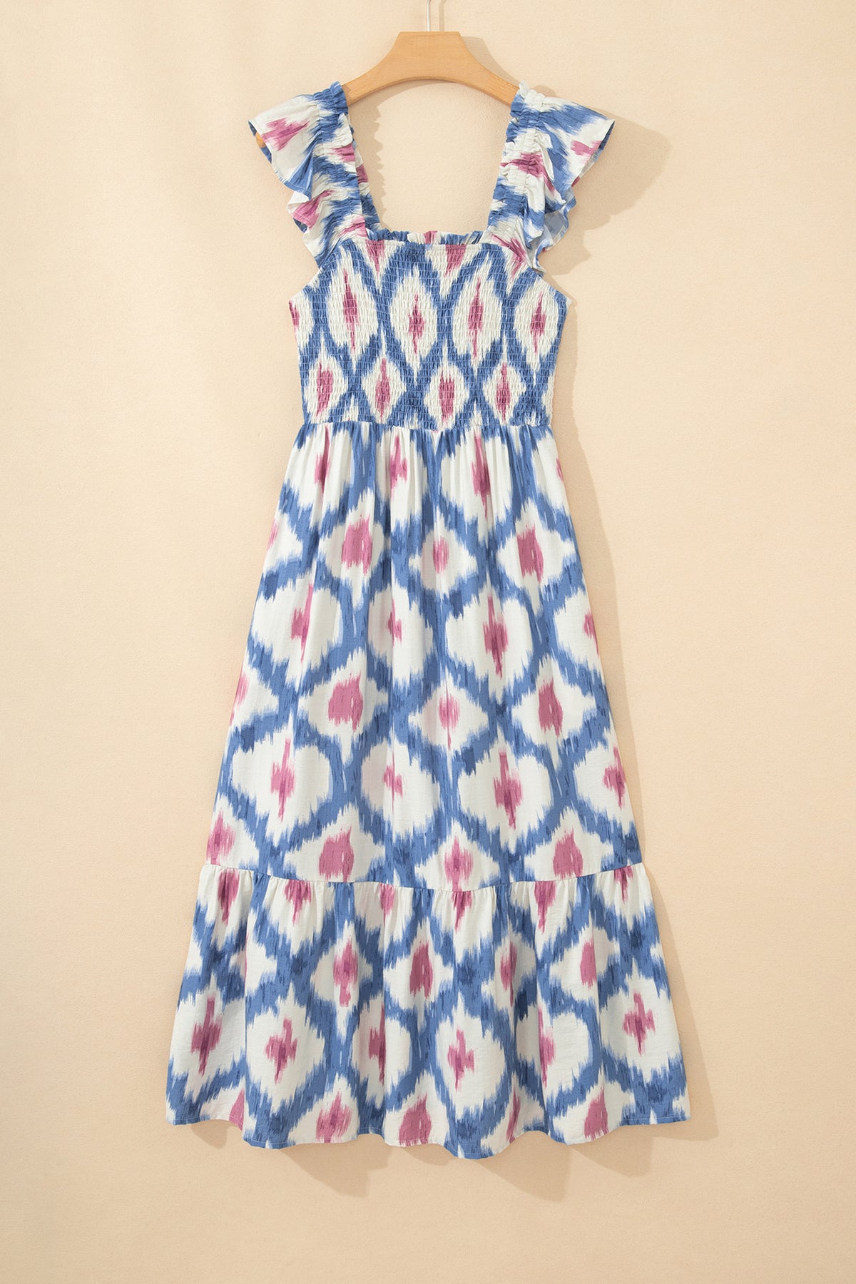 KaleaBoutique Stylish Ethnic Geometric Print Square Neck Smocked High Waist Ruffle Sleeve Dress - KaleaBoutique.com