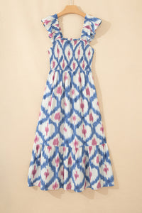 KaleaBoutique Stylish Ethnic Geometric Print Square Neck Smocked High Waist Ruffle Sleeve Dress - KaleaBoutique.com